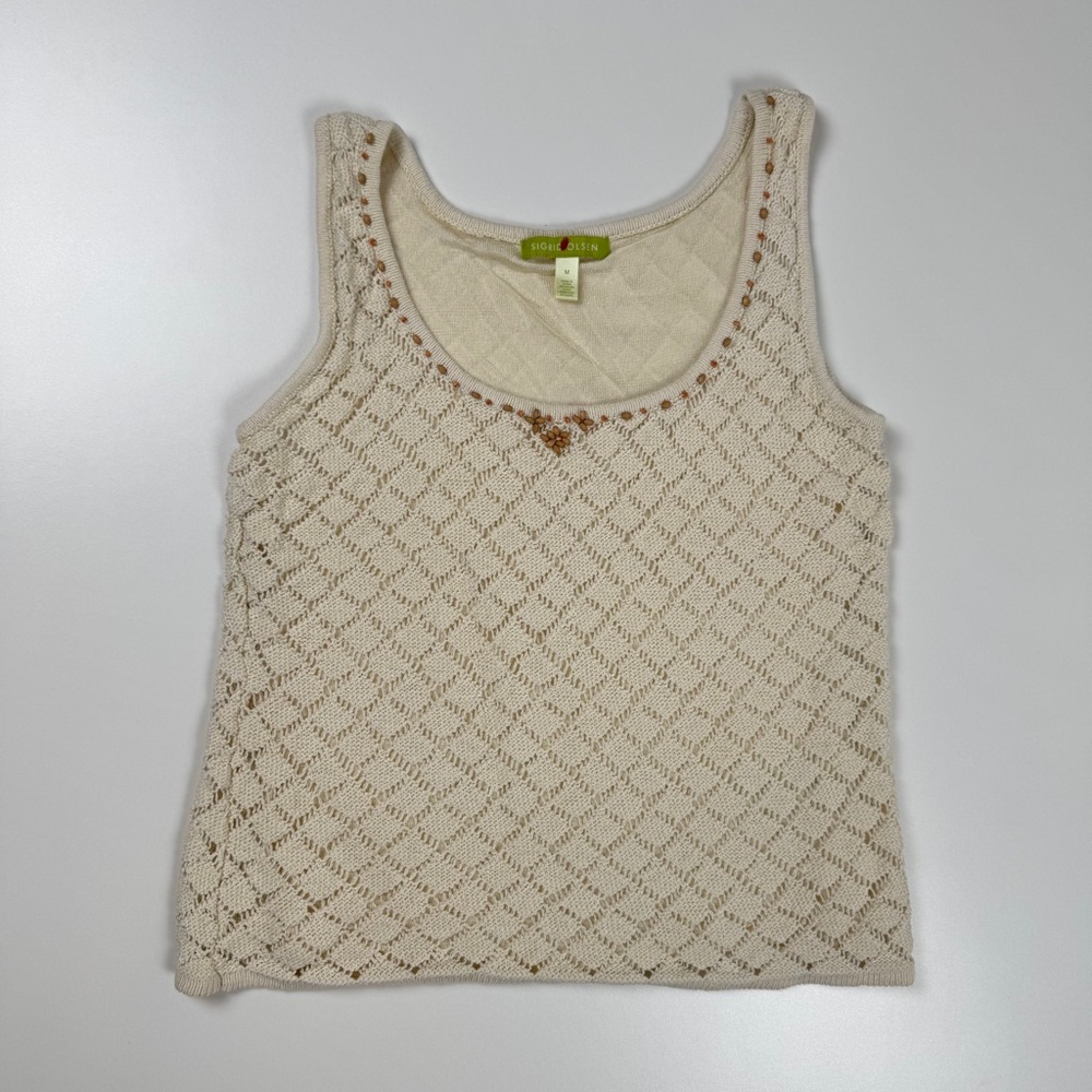 Sigrid Olsen Cream Knit Beaded Cami Tank Top Size Medium Y2K Boho Cottagecore